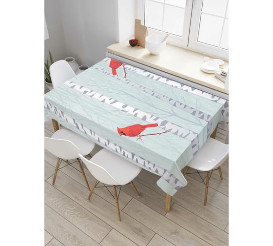 Прямоугольная скатерть JoyArty Снегири на березах из сатена tc_6834_120x145 1