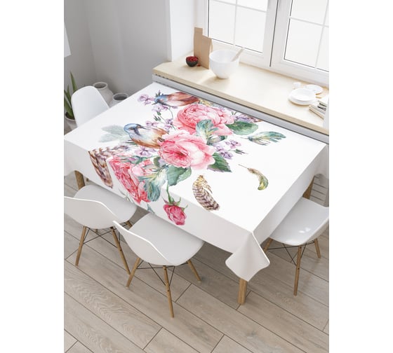 Прямоугольная скатерть JoyArty Птицы в пионах из сатена tc_30008_120x145 1