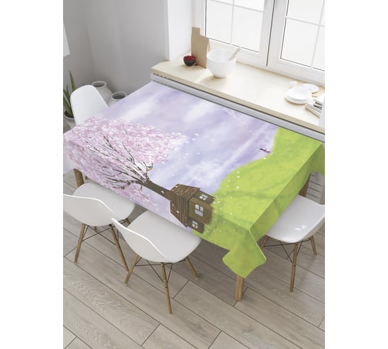 Прямоугольная скатерть JoyArty Дом у цветущего дерева из сатена tc_32941_120x145 1