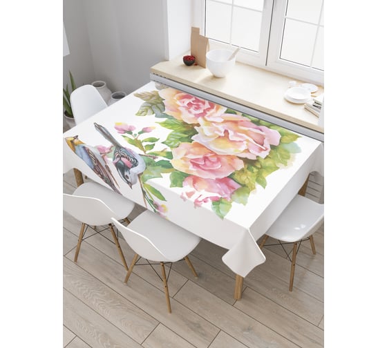 Прямоугольная скатерть JoyArty Птицы на листьях цветов из сатена tc_30313_120x145 1