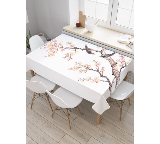 Прямоугольная скатерть JoyArty Галки на цветущем дереве из сатена tc_38456_120x145 1