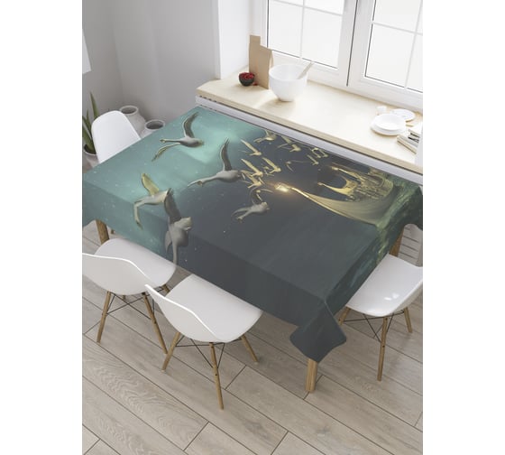 Прямоугольная скатерть JoyArty Птицы тянут шлюпку из сатена tc_31592_120x145 1