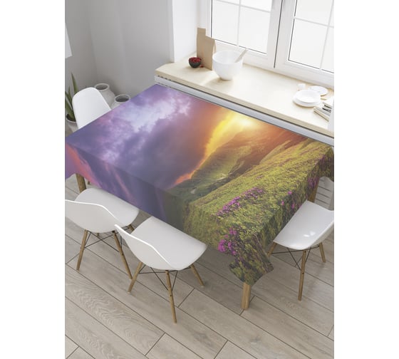 Прямоугольная скатерть JoyArty Рассвет над горной поляной из сатена tc_28182_120x145