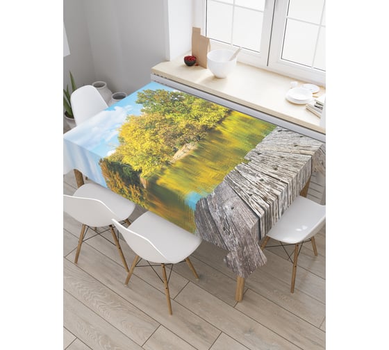 Прямоугольная скатерть JoyArty Деревянный мост у озера из сатена tc_30026_120x145 1