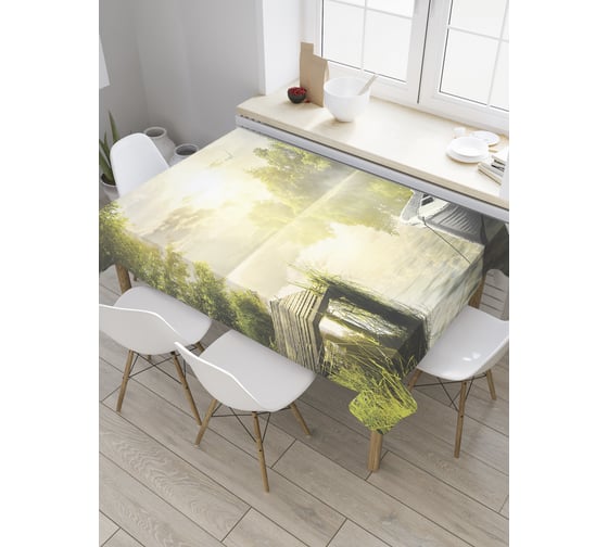 Прямоугольная скатерть JoyArty Причалена лодка из сатена tc_32084_120x145