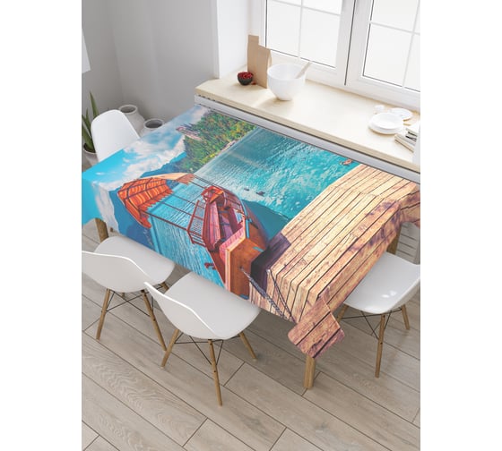 Прямоугольная скатерть JoyArty Прогулочная лодка на причале из сатена tc_32069_120x145 1