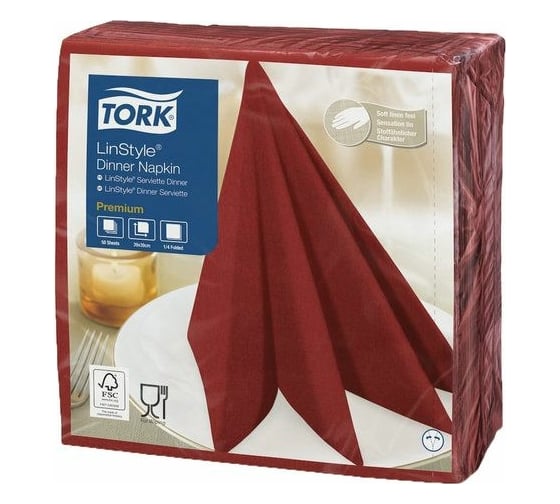 Сервировочные бумажные нетканые салфетки TORK 39х39 см, 50 шт, красные 111631