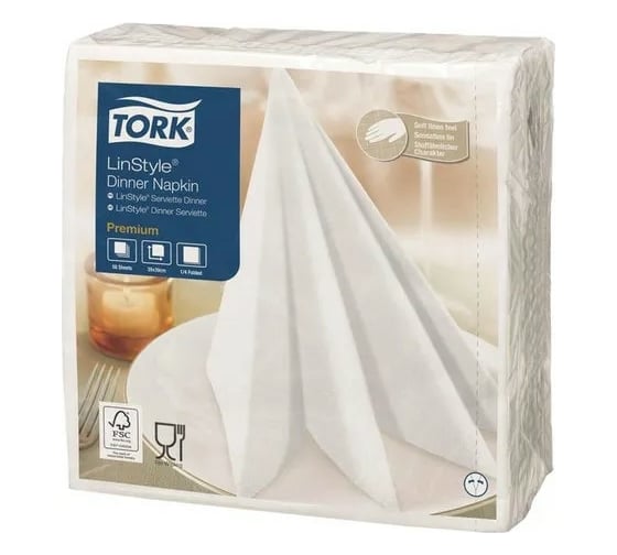 Сервировочные бумажные нетканые салфетки TORK 39х39 см, 50 шт, белые 478711 111626