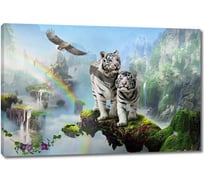 Картина ООО Первое ателье Два белых тигра на фоне радуги и водопадов 60x40 см ps78606-3