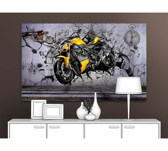 Картина ООО Первое ателье Желтый мотоцикл пробивает стену 96x60 см ps94967-2