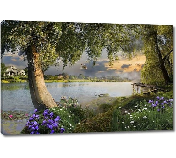 Картина ООО Первое ателье Деревья и цветы на берегу озера 80x53 см ps28698-4 1