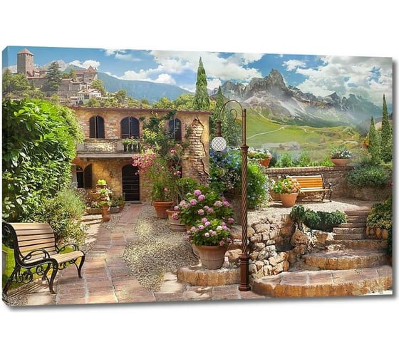 Картина ООО Первое ателье Красивая улочка с цветами и скамейками 35x23 см ps28719-1 1
