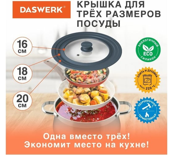 Универсальная крышка для любой сковороды и кастрюли DASWERK 3 размера (16-18-20 см) антрацит 607583