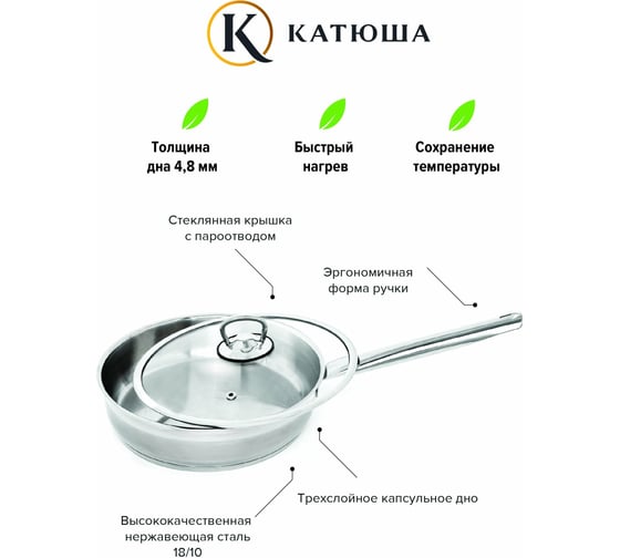 Сковорода Катюша София нержавеющая сталь, 20 см, стекл. крышка, арт.29910-200-0