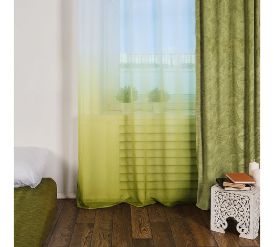 Тюль Moroshka Narassvete 250x260 см, крепление шторная лента, белый/зеленый 940-206-02