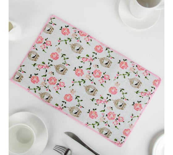 Салфетка для удаления грязи, пыли и сушки посуды Доляна Птичка в клетке, 25х40 см, лен 3818427 1