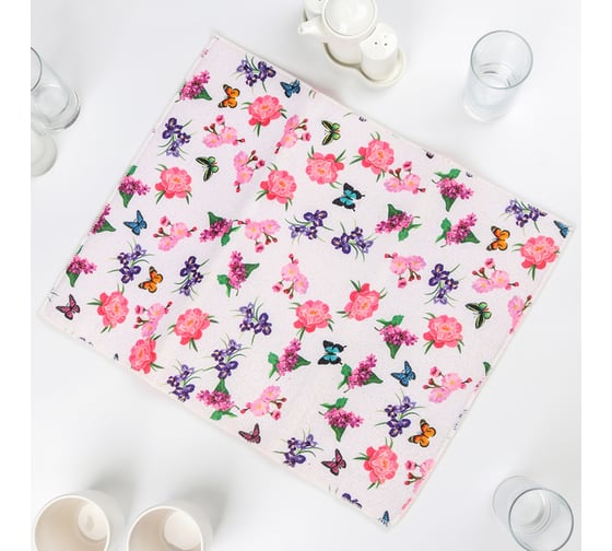 Салфетка для удаления грязи, пыли и сушки посуды Доляна Цветы и бабочки, 38х51 см 4604258 1