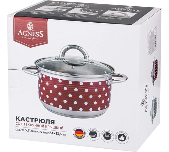 Кастрюля AGNESS Горошек со стеклянной крышкой нержавеющая сталь 937-704