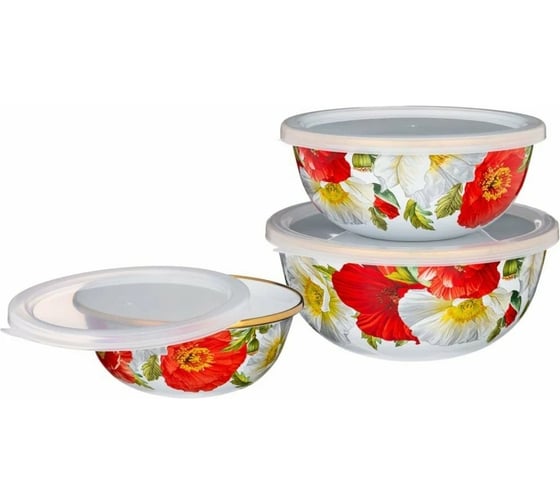 Набор эмалированных мисок AGNESS с пластиковыми крышками 950-467