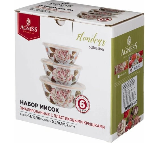 Набор эмалированных мисок AGNESS с пластиковыми крышками 950-467