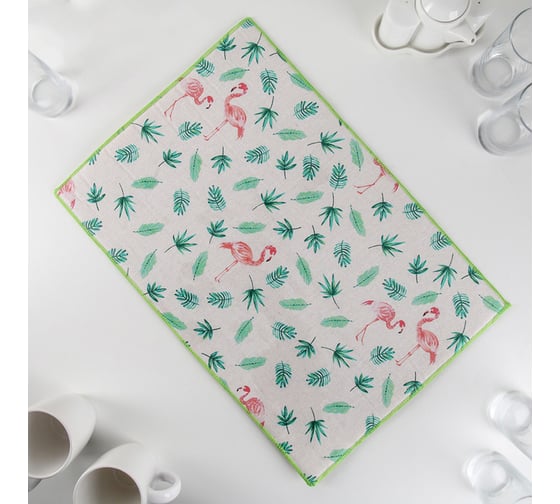 Салфетка для удаления грязи, пыли и сушки посуды Доляна Фламинго, 34х50 см, лен 4466356 1