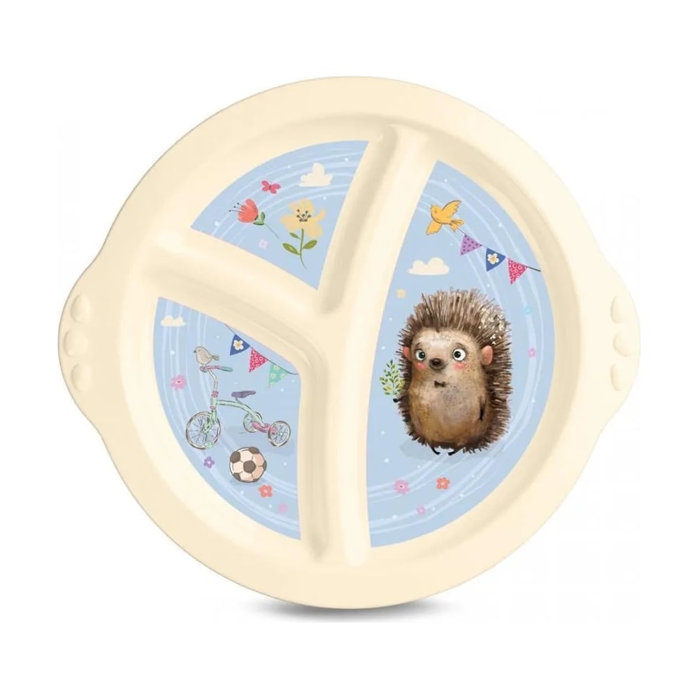Трехсекционная детская тарелка Пластишка с голубым декором Бежевый ...