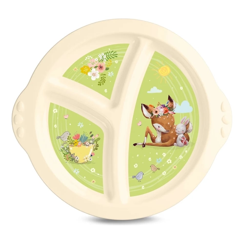 Трехсекционная детская тарелка Пластишка с зеленым декором Бежевый ...