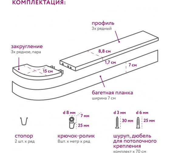 Карниз LEGRAND Эдельвейс 7 см с поворотами 2.8 м трехрядный золотистый трюфель 58089996