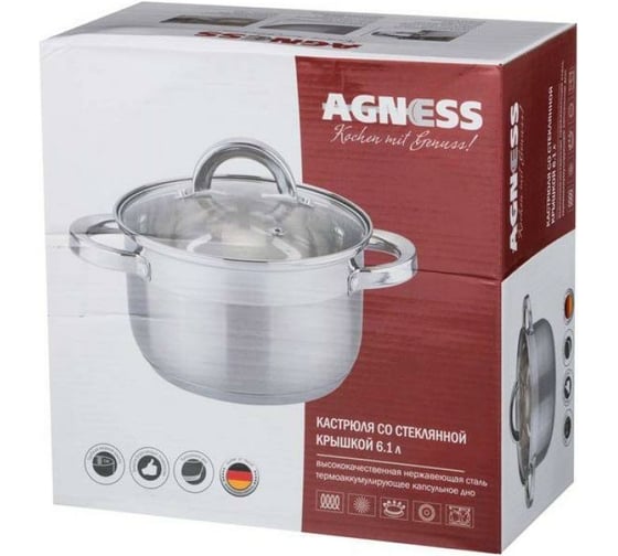 Кастрюля AGNESS со стеклянной крышкой, 5,7 л, 24x13,5 см, нержавеющая сталь, 5-ти слойное дно, индукция 937-114