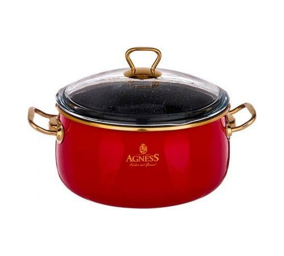 Эмалированная кастрюля AGNESS со стеклянной крышкой и мраморным антипригарным покрытием, 18 см/ 2,4 л 950-210