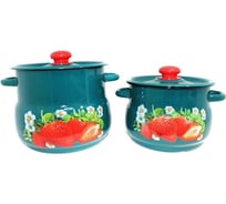 Набор эмалированной посуды СТАЛЬЭМАЛЬ №10 Клубника садовая бирюзовый 2 предмета крышка сферическая 5.5 л, 4 л N10V59 ПС7781