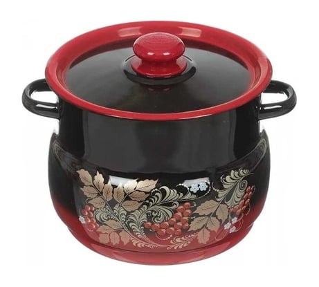 Сферическая эмалированная кастрюля СТАЛЬЭМАЛЬ Рябинушка 5.5 л с ободком, красно-чёрная ТП10850