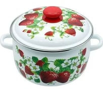 Сферическая эмалированная кастрюля СТАЛЬЭМАЛЬ Клубничная поляна 3 л с ободком белая 3МС181Р ТП476