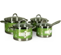 Набор кастрюль Pomi d'Oro 18 см, 20 см, 24 см и соусник 16 см с крышками P-640550 Fiore green