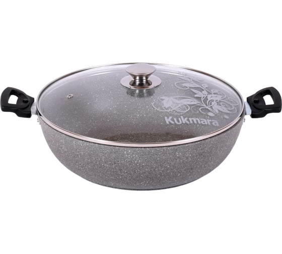 Сотейник Kukmara 300/85 мм, со стеклянной крышкой, АП светлый мрамор смс308а