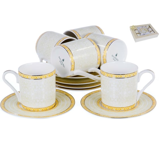 Кофейный набор Balsford NEW BONE CHINA (12) 6 чашек 100 мл + 6 блюдец, восточный с золотом, прямоугольная подарочная упаковка с окном и бантом 146-30001