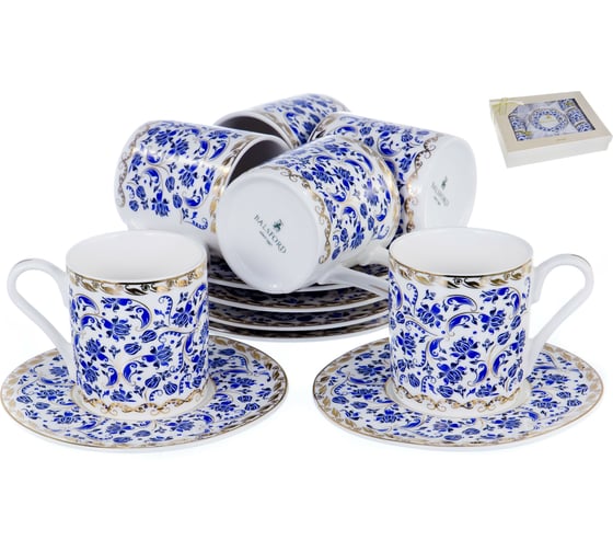 Кофейный набор Balsford NEW BONE CHINA (12) 6 чашек 100 мл + 6 блюдец, восточный с золотом, прямоугольная подарочная упаковка с окном и бантом 146-30005