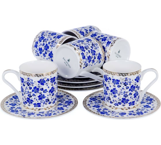 Кофейный набор Balsford NEW BONE CHINA (12) 6 чашек 100 мл + 6 блюдец, восточный с золотом, прямоугольная подарочная упаковка с окном и бантом 146-30004