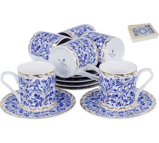 Кофейный набор Balsford NEW BONE CHINA (12) 6 чашек 100 мл + 6 блюдец, восточный с золотом, прямоугольная подарочная упаковка с окном и бантом 146-30006