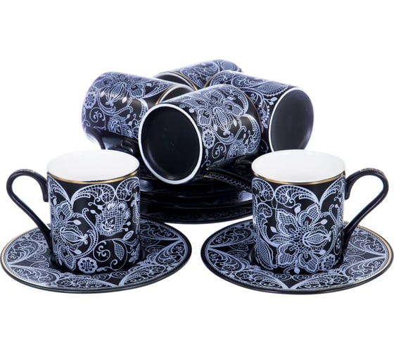 Кофейный набор Balsford NEW BONE CHINA (12) 6 чашек 100 мл + 6 блюдец, восточный с золотом, прямоугольная подарочная упаковка с окном и бантом 146-30009
