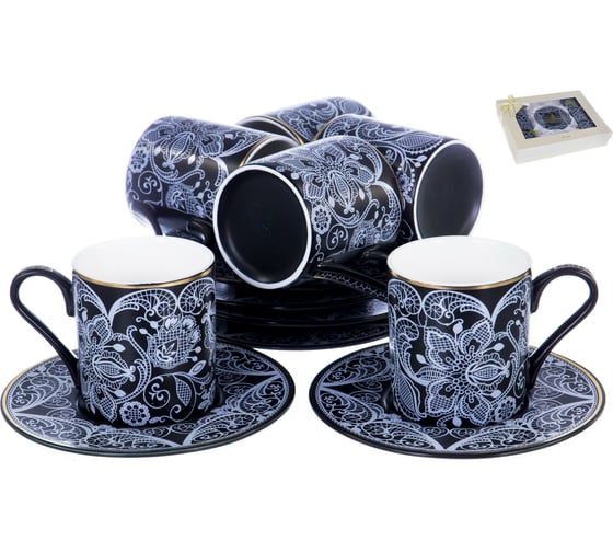 Кофейный набор Balsford NEW BONE CHINA (12) 6 чашек 100 мл + 6 блюдец, восточный с золотом, прямоугольная подарочная упаковка с окном и бантом 146-30009