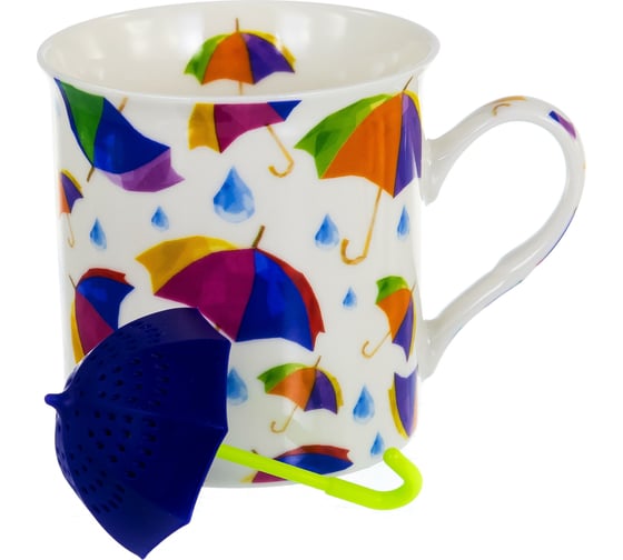 Набор Balsford NEW BONE CHINA кружка 300 мл + силиконовое ситечко, 4 вида декора ЗОНТИКИ, подарочная упаковка PVC 144-09007