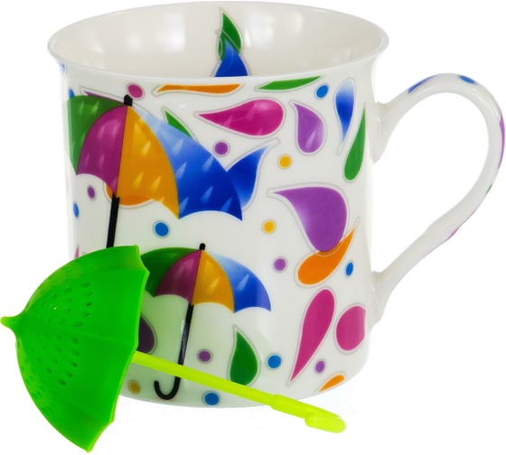 Набор Balsford NEW BONE CHINA кружка 300 мл + силиконовое ситечко, 4 вида декора ЗОНТИКИ, подарочная упаковка PVC 144-09007