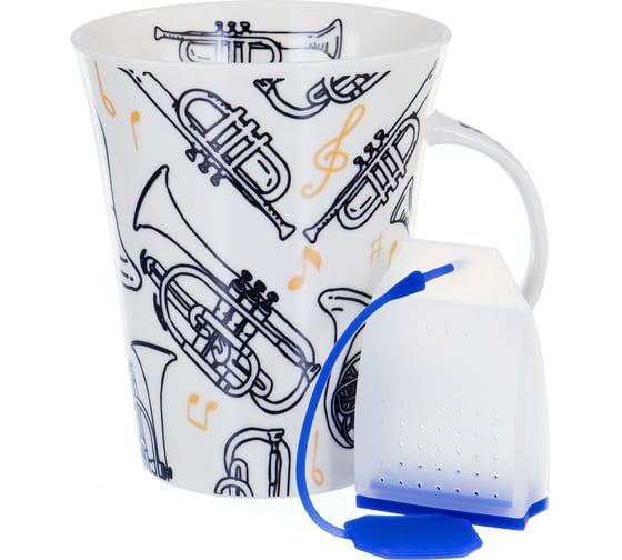 Набор Balsford NEW BONE CHINA кружка 380 мл + силиконовое ситечко, 4 вида декора МУЗЫКА, подарочная упаковка PVC 144-09008