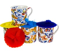 Кружка Balsford NEW BONE CHINA 300 мл с силиконовой крышкой, 4 вида декора БАБОЧКИ, подарочная упаковка PVC 144-09011