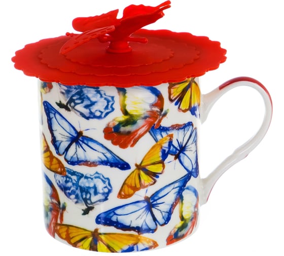 Кружка Balsford NEW BONE CHINA 300 мл с силиконовой крышкой, 4 вида декора БАБОЧКИ, подарочная упаковка PVC 144-09011