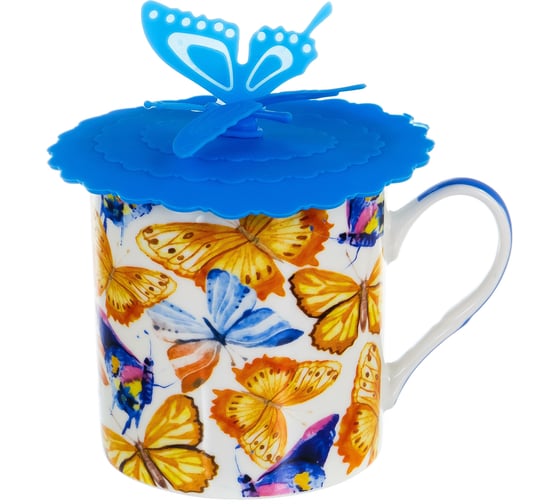 Кружка Balsford NEW BONE CHINA 300 мл с силиконовой крышкой, 4 вида декора БАБОЧКИ, подарочная упаковка PVC 144-09011