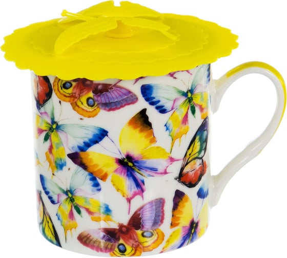 Кружка Balsford NEW BONE CHINA 300 мл с силиконовой крышкой, 4 вида декора БАБОЧКИ, подарочная упаковка PVC 144-09011