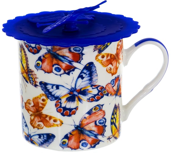 Кружка Balsford NEW BONE CHINA 300 мл с силиконовой крышкой, 4 вида декора БАБОЧКИ, подарочная упаковка PVC 144-09011
