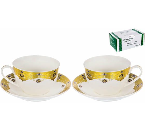 Чайный набор Balsford NEW BONE CHINA (4) 2 чашки 240 мл + 2 блюдца, цветной дизайн с золотом, подарочная упаковка 123-16008
